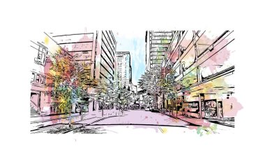 Print Building view with landmark of Vancouver is the city in Western Canada. Vektörde elle çizilmiş resim ile suluboya sıçraması.