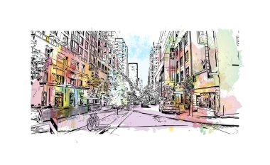 Print Building view with landmark of Vancouver is the city in Western Canada. Vektörde elle çizilmiş resim ile suluboya sıçraması.