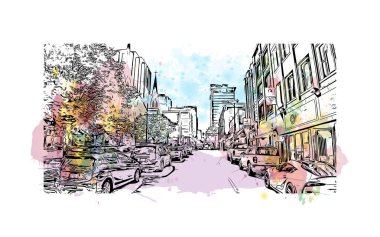 Print Building view with landmark of Vancouver is the city in Western Canada. Vektörde elle çizilmiş resim ile suluboya sıçraması.