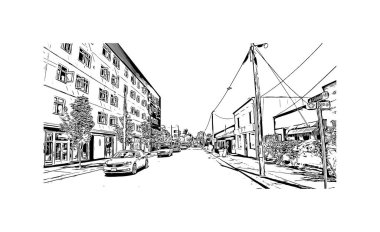 Print Building view with landmark of Vancouver is the city of USA. Vektörde elle çizilmiş çizim çizimi.