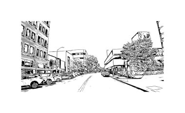 Print Building view with landmark of Vancouver is the city of USA. Vektörde elle çizilmiş resim ile suluboya sıçraması.