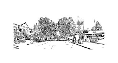 Print Building view with landmark of Vancouver is the city of USA. Vektörde elle çizilmiş resim ile suluboya sıçraması.