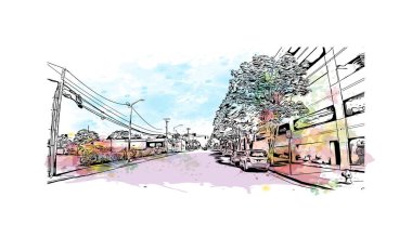 Print Building view with landmark of Vancouver is the city of USA. Vektörde elle çizilmiş resim ile suluboya sıçraması.