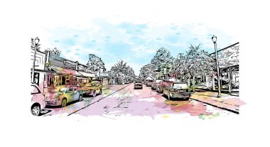 Print Building view with landmark of Vancouver is the city of USA. Vektörde elle çizilmiş resim ile suluboya sıçraması.