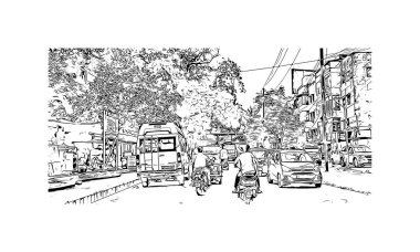 Print Building view with landmark of Varanasi is the city in India. Vektörde elle çizilmiş çizim çizimi.