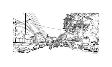 Print Building view with landmark of Varanasi is the city in India. Vektörde elle çizilmiş çizim çizimi.