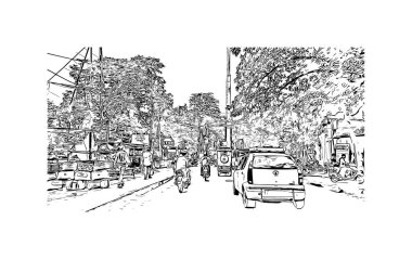 Varanasi, Hindistan 'da bir şehirdir. Vektörde elle çizilmiş çizim çizimi.