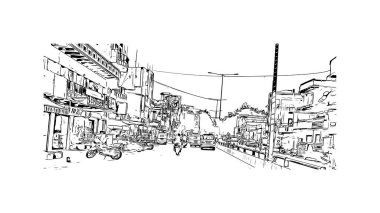 Varanasi, Hindistan 'da bir şehirdir. Vektörde elle çizilmiş çizim çizimi.