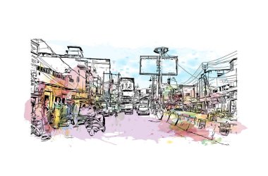 Varanasi, Hindistan 'da bir şehirdir. Vektörde elle çizilmiş resim ile suluboya sıçraması.