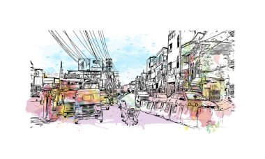 Varanasi, Hindistan 'da bir şehirdir. Vektörde elle çizilmiş resim ile suluboya sıçraması.