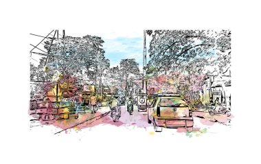 Varanasi, Hindistan 'da bir şehirdir. Vektörde elle çizilmiş resim ile suluboya sıçraması.