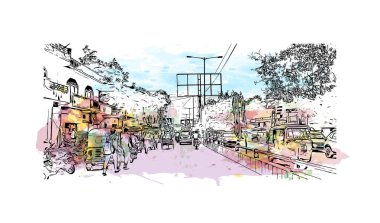 Varanasi, Hindistan 'da bir şehirdir. Vektörde elle çizilmiş resim ile suluboya sıçraması.