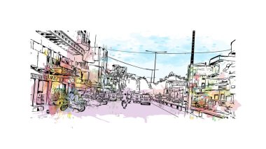 Varanasi, Hindistan 'da bir şehirdir. Vektörde elle çizilmiş resim ile suluboya sıçraması.