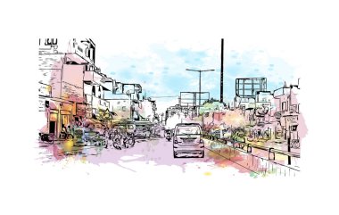 Varanasi, Hindistan 'da bir şehirdir. Vektörde elle çizilmiş resim ile suluboya sıçraması.