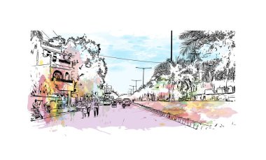 Varanasi, Hindistan 'da bir şehirdir. Vektörde elle çizilmiş resim ile suluboya sıçraması.