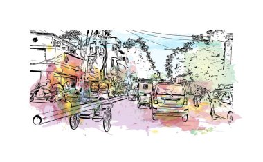 Varanasi, Hindistan 'da bir şehirdir. Vektörde elle çizilmiş resim ile suluboya sıçraması.