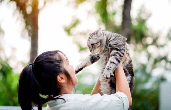 Frau Mit Katze Spielt Hause Mit Liebe Katzen Das Lächeln — Stockfoto