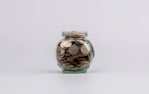 Munten Besparen Een Glazen Pot Bespaart Geld Toekomst Bouwen Besparen — Stockfoto