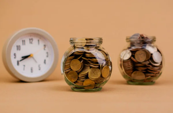 Saving Coins Glass Jar Collecting Baht Coins Salary Income Investments — Stock Photo, Image
