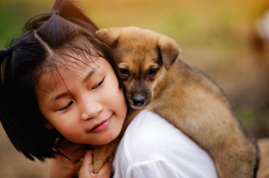 Küçük kız ve köpek arasında aşk. Erkekler ve köpekler arasında. Çocuklar ve zeki hayvanlar arka bahçede aşk konseptinde oynuyorlar.