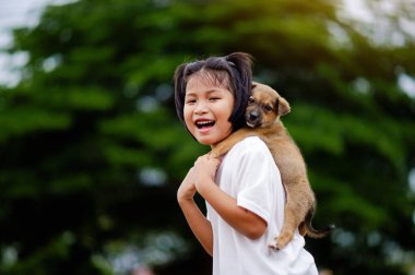 Genç kız küçük bir köpek yavrusuyla oynuyor mutlu türler arası aşk insanların ve evcil hayvanların aşkı