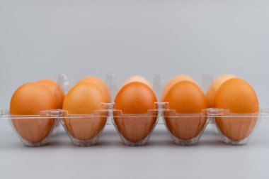 Turuncu tavuk yumurtaları, hayvan yumurtaları, yüksek proteinli yiyecekler, kahvaltı, stüdyoda yumurta fotoğrafçılığı.