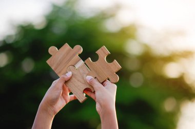 Tahta yapboz yapbozu, takım çalışması ve işbirliği, meslektaşlar arasındaki birlik, büyüme ve başarının bir işaretidir..