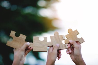 Yapboz ve işbirliği, takım çalışması ve takım çalışması, takım çalışması, takım amaçları ve başarı.