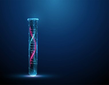 Laboratuvar test tüpünde 3D DNA molekül sarmalı var. Bilimsel araştırma kavramı. Gen düzenleme, genetik biyoteknoloji mühendisliği. Düşük polimerli. Soyut kablo ışık yapısı. Vektör