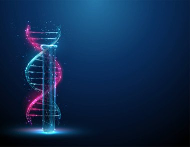 Renkli 3d DNA molekülü sarmal laboratuvar test tüpünün içinde. Bilimsel araştırma kavramı. Gen düzenleme, genetik biyoteknoloji mühendisliği. Düşük polimerli. Soyut kablo ışık yapısı. Vektör