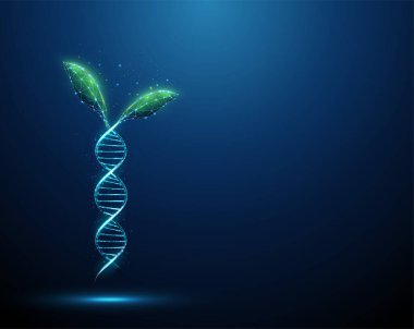 Green plant leafs growing from blue 3d DNA molecule helix. Genetically modified product. Gene editing, genetic biotechnology engineering concept. Low poly style. Abstract wireframe structure. Vector. clipart