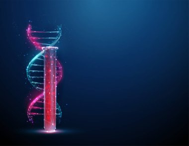 Laboratuvar test tüpünün yanında içinde kan olan 3D DNA molekül sarmalı. Genetik test konsepti. Gen düzenleme, genetik biyoteknoloji mühendisliği. Düşük polimerli. Soyut kablo ışık yapısı. Vektör