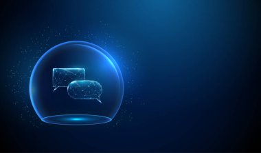 Şeffaf cam kubbede soyut mavi parlayan sohbet kutuları. Chatbot ve yapay zeka kavramı. Düşük polimerli tasarım. Geometrik. Kablo çerçeve ışık bağlantı yapısı. Modern grafik. Vektör.