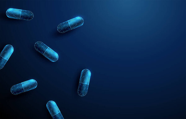 Top view of a group of abstract blue medical drug capsules. Healthcare, pharmacy concept. Low poly style design. Geometric background. Wireframe light connection structure. Modern 3d graphic. Vector.