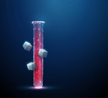 Düşük polyester tüp ikonu, kırmızı kan ve düşen beyaz şeker küpleri. Şeker hastalığı ve kan şekeri testi konsepti. Modern grafik geometrik arkaplan. Kablo çerçeve ışık bağlantı yapısı. Vektör.