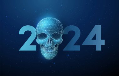Abstract blue scull and number 2024 New Year greeting card. Low poly style design. Abstract geometric background. Wireframe light structure. Modern 3d graphic concept. Vector illustration clipart