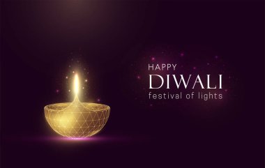 Mor arka planda soyut altın parıldayan lamba. Diwali tebrik kartı. Düşük polimetrik geometrik stil. Kablo çerçeve ışık bağlantı yapısı. Modern 3D grafik konsepti. Vektör illüstrasyonu.
