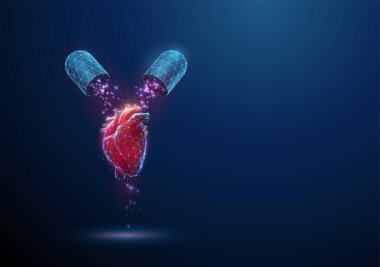 Soyut kırmızı insan kalp organı ve düşen parçacıklarla mavi ilaç kapsülü açıldı. Sağlık sigortası tıbbi eczane konsepti. Düşük polimerli. Geometrik arkaplan. Modern 3D grafik. Vektör