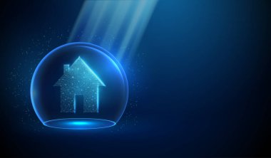 Güneş ışınlı mavi cam kubbedeki soyut ev simgesi. Koruma konsepti. Yeşil enerji konsepti. Düşük polimerli. Mavi geometrik arka plan. Kablo çerçeve bağlantı yapısı. Modern 3D grafik. Vektör