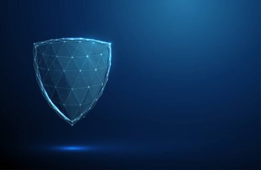 Soyut mavi fütürist koruma kalkanı. Koruma, siber güvenlik ve sigorta konsepti. Düşük polimerli dijital stil. Geometrik arkaplan. Kablo çerçeve bağlantı yapısı. Modern 3D grafik konsepti. Vektör