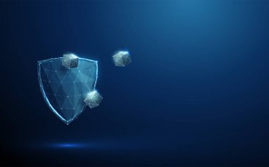 Soyut mavi kalkan ve beyaz şeker küpleri. Kan şekeri kontrolü, diyabet türü 1, 2, tedavi konsepti. Düşük polimerli. Modern 3d geometrik arkaplan. Kablo çerçeve bağlantı yapısı. Vektör