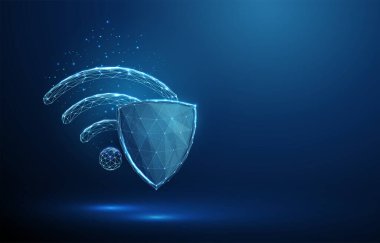 Mavi fütürist koruma kalkanı güvenli kablosuz internet teknolojisi koruma kavramının arkasındaki soyut kablosuz kablosuz kablosuz kablosuz ağ sembolü düşük polimetrik geometrik arkaplan. Kablo çerçeve aydınlatma bağlantısı Modern 3d grafik vektörü