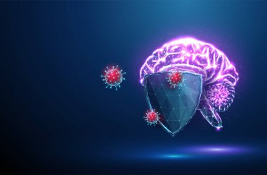 Mavi fütüristik koruma kalkanının arkasındaki soyut beyin kırmızı virüsler tarafından saldırıya uğradı. İlaç koruma konsepti. Düşük polimerli. Geometrik arkaplan. Kablo çerçeve bağlantı yapısı. Modern 3D grafik. Vektör