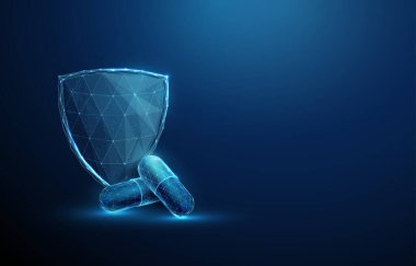 İki soyut mavi ilaç kapsülü ve gelecekten gelen koruma kalkanı grubu. Sağlık hizmeti tıbbi ve eczane konsepti. Düşük polimerli tasarım. Geometrik arkaplan. Kablo çerçevesi. Modern 3D grafik. Vektör