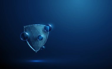 Mavi fütüristik koruyucu kalkanın önünde soyut mavi su damlaları. Su direnci kavramı. Düşük polimerli. Geometrik arkaplan. Kablo çerçeve ışık bağlantı yapısı. Modern 3D grafik. Vektör