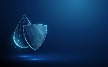 Kalkanın arkasındaki su damlası soyut. Su kirliliği, kirlilik, koruma kavramı. Düşük polimerli. Mavi geometrik arka plan. Tel çerçeve bağlantı yapısı Modern 3d grafik konsept vektörü