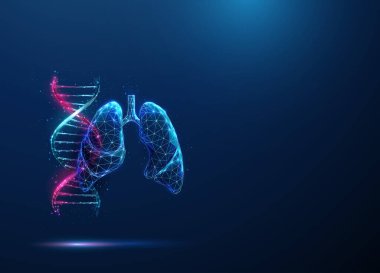 Soyut mavi ve mor DNA molekülü sarmal ve insan akciğerleri. Genetik biyoteknoloji mühendisliği konsepti. Düşük poliuristik teknoloji dijital stil Geometrik arkaplan. Kablo iskeleti. Vektör.