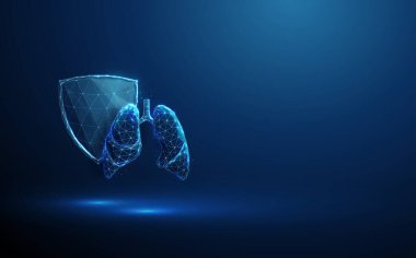 Soyut mavi insan akciğerleri, gelecekteki koruma kalkanı. Sağlık sigortası tıbbi konsepti. Düşük poliürel gelecekçi dijital teknoloji neon tarzı. Geometrik arkaplan tel çerçeve bağlantı yapı taşıyıcısı