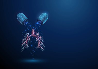 Düşen parçacıklar ve bronşlarla mavi ilaç kapsülü açıldı. Sağlık sigortası tıbbi eczane konsepti. Düşük poliuristik teknoloji dijital tarzı. Geometrik arkaplan. Kablo çerçevesi. Vektör.