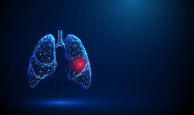 İçinde kırmızı daire olan soyut mavi insan akciğerleri. Akciğer anatomisi. Akciğer hastalığı, teşhis, tedavi, sağlık sigortası konsepti. Düşük yalan makinesi. Kablo çerçeve ışık bağlantı yapısı Modern 3d grafik vektörü